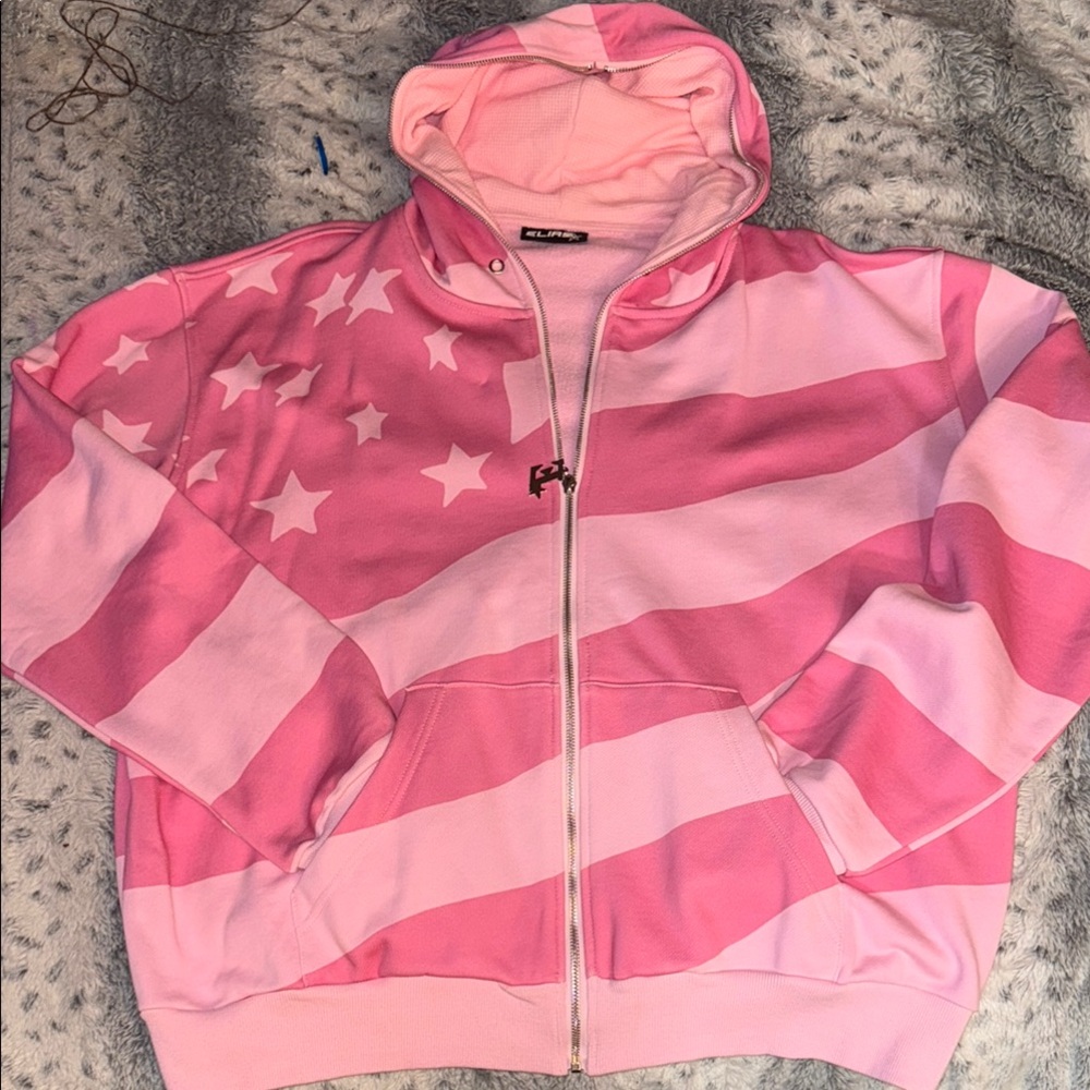 Men’s Or Women’s Elias Full Zip up Pink Striped Star Hoodie! Men’s Large, NEW